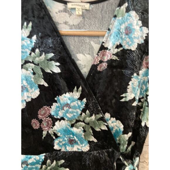Monteau Dress Womens Large Turquoise Black Velvet Floral Faux Wrap Tie Stretch - Picture 4 of 14